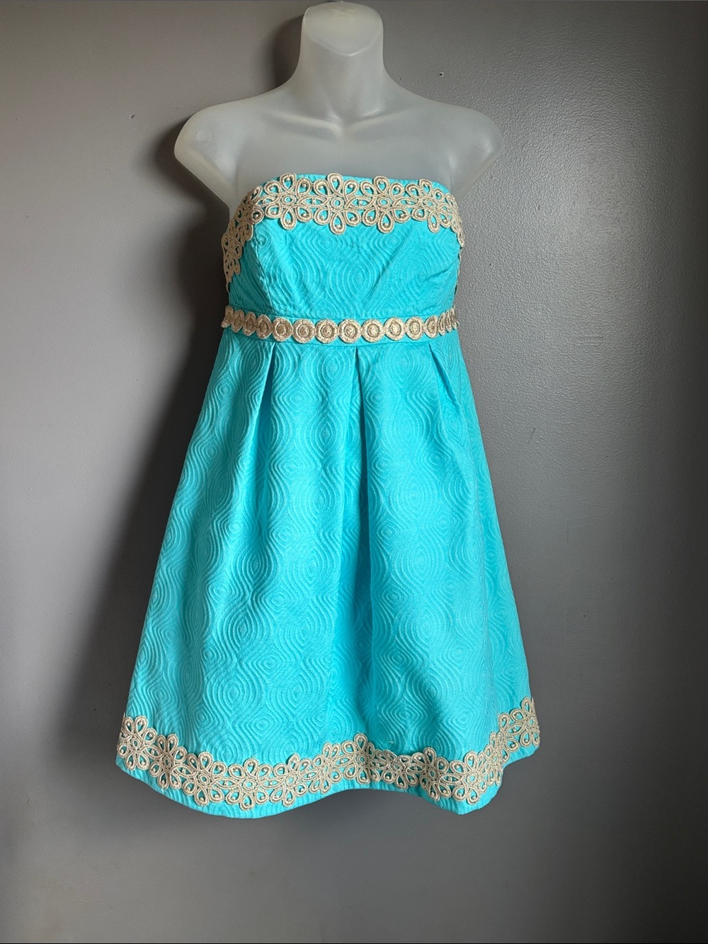 Lilly Pulitzer turquoise strapless dress w/ gold lace trim SZ 4